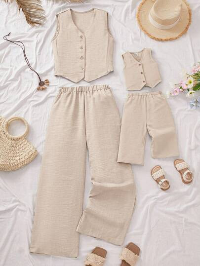 SHEIN 2pcs/Set Cute Baby Girls Khaki Sleeveless Top And Elastic Waist Pants, Summer Outfit Mommy ... | SHEIN