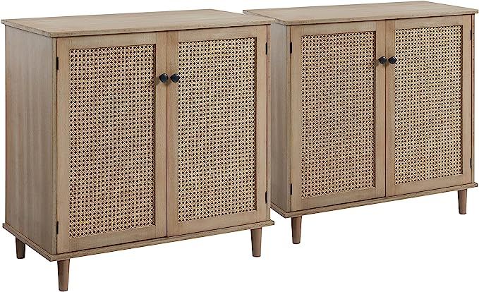 Art Leon Storage Cabinet, Set of 2, Mid Century Modern Accent Cabinet with 2 Mesh Woven Rattan Do... | Amazon (US)