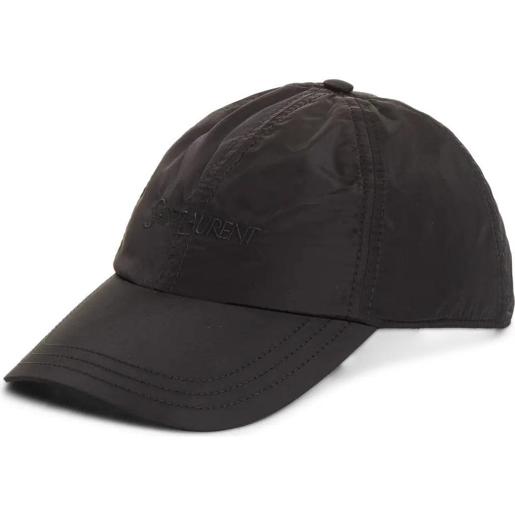 Saint Laurent Logo Embroidered Recycled Nylon Adjustable Baseball Cap in Black/black at Nordstrom, Size 48 | Nordstrom