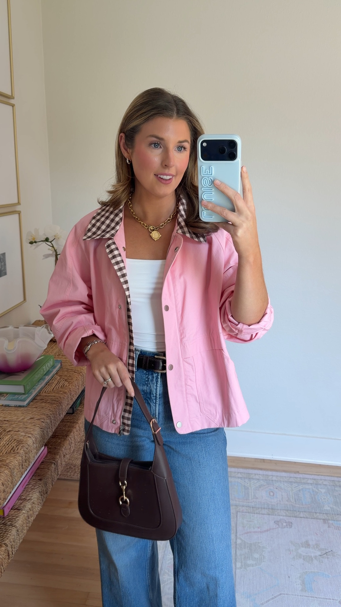 Easy outfit idea for fall! Wearing a S in jacket and jeans