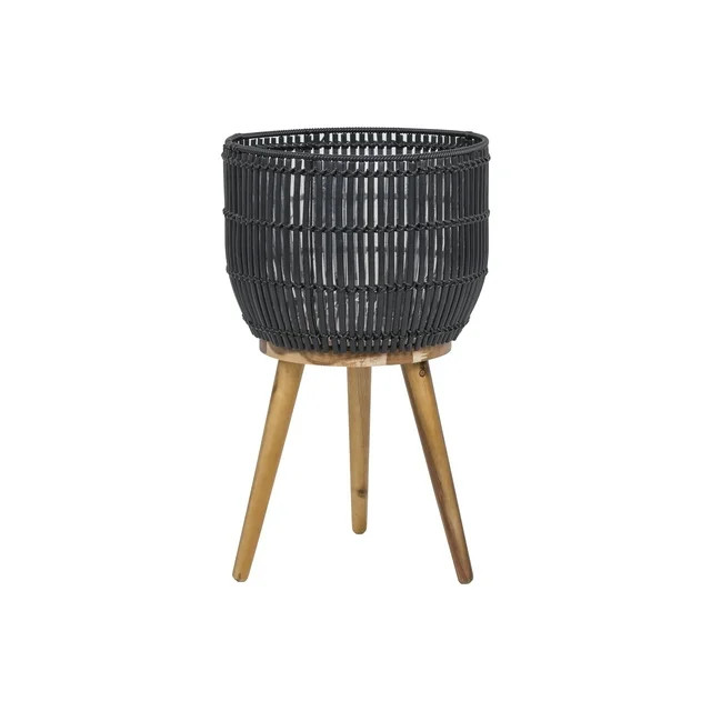 Better Homes & Gardens Black Round Resin Planter & Stand Set with Wood Legs - Walmart.com | Walmart (US)