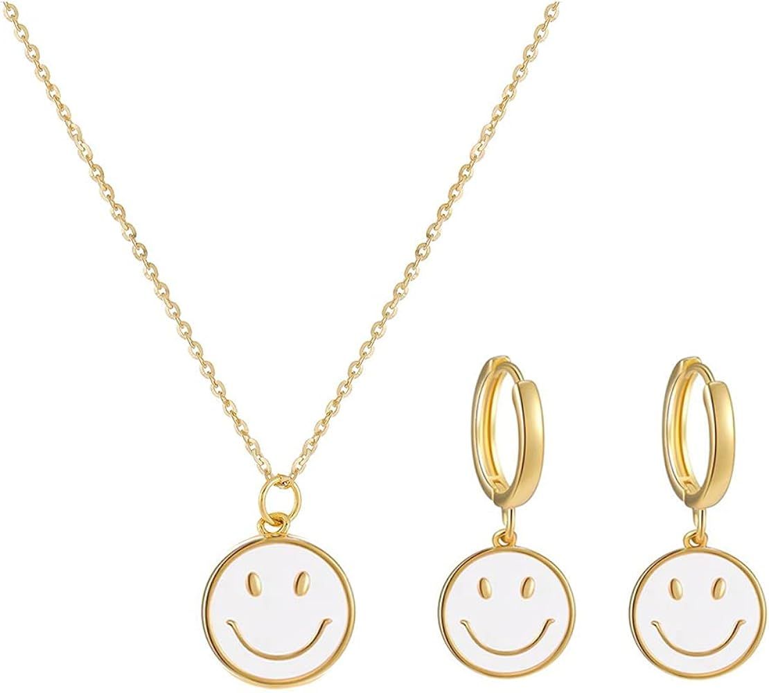 DORAFO 18K Gold Plated Smiley Face Earring and Smiley Face Necklace Set Dainty Preppy Smiley Face... | Amazon (US)