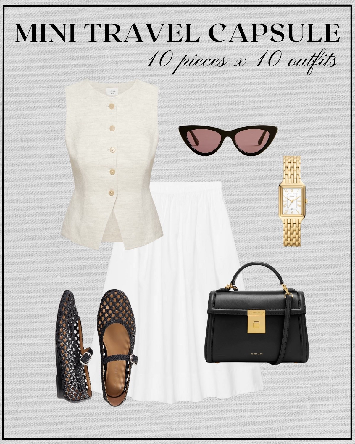 10x10 mini travel capsule: Paris edition 

Linen vest / white poplin skirt / black mesh ballet flats / Demellier purse / gold watch / cat eye sunglasses / summer style / fossil watch 

#LTKStyleTip #LTKTravel
