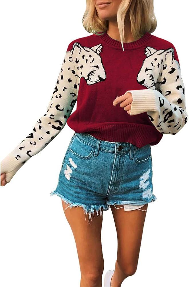 JUNBOON Women’s Casual Leopard Print Knitted Pullover Sweaters Long Sleeve Crew Neck Jumper Top... | Amazon (US)