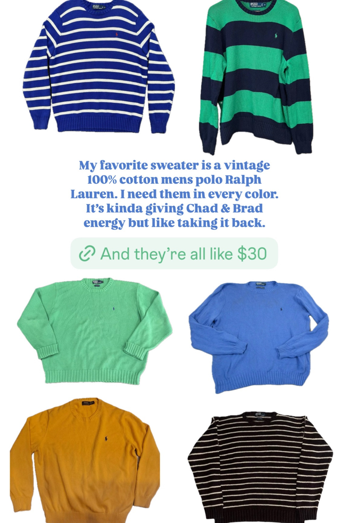 Vintage polo Ralph Lauren 100% cotton sweaters from eBay 

#LTKFindsUnder100