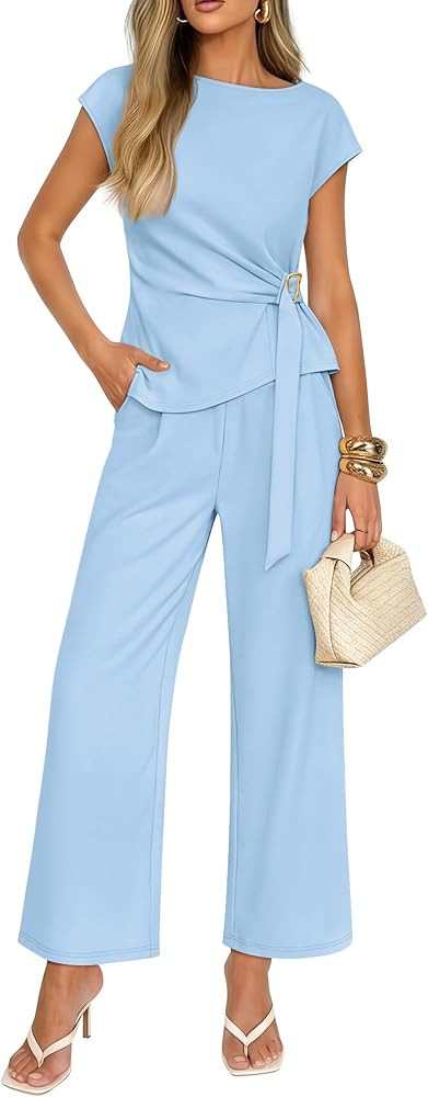 ZESICA Women's 2026 Summer 2 Piece Outfit Sets Casual Short Sleeve Knit Belted Tops and Wide Leg Pants Work Office Clothes | Amazon (US)