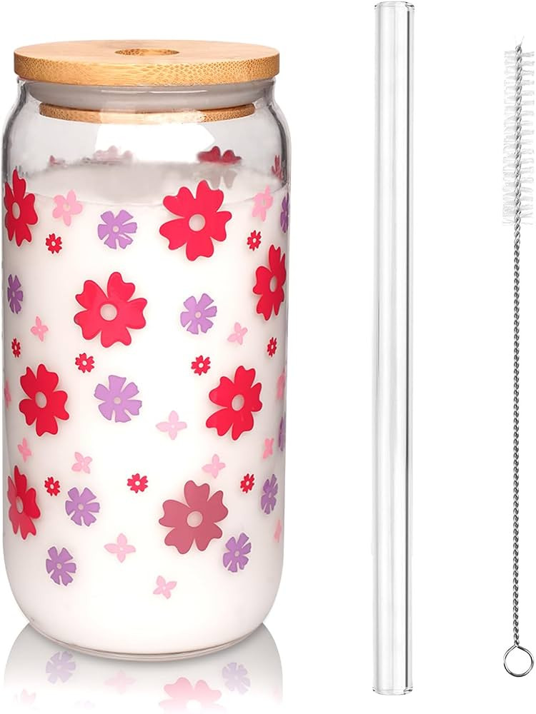 Glass Cups with Lids and Straws, Can Shaped Glass Cups, 18OZ Glass Cups, Drinking Glasses, Iced C... | Amazon (US)