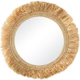 35 in. x 35 in. Round Framed Light Brown Wall Mirror with Fringe Detailing | The Home Depot