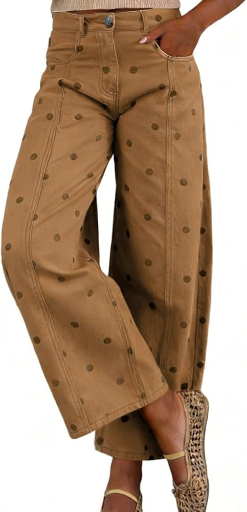 chouyatou Women's 2026 Polka Dot Pattern Barrel Jeans Boyfriend Y2K Casual Wide Leg Mid Rise Deni... | Amazon (US)