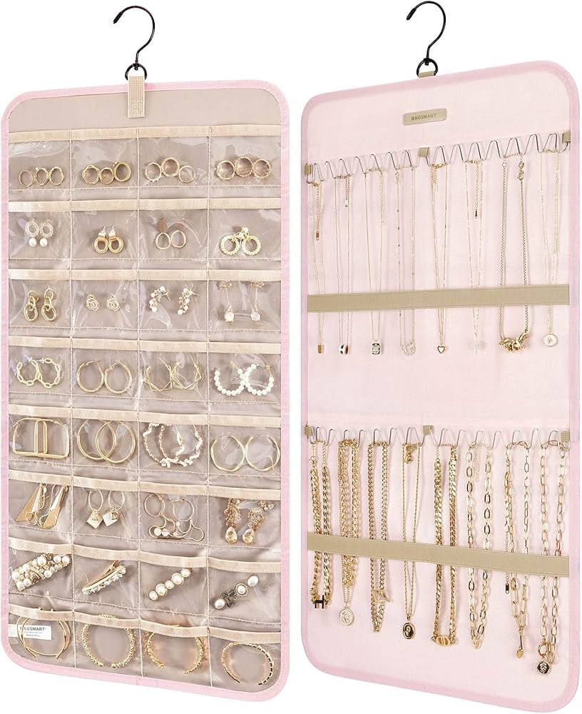BAGSMART Hanging Jewelry Organizer Storage Roll with Hanger Metal Hooks Double-Sided Jewelry Hold... | Amazon (US)