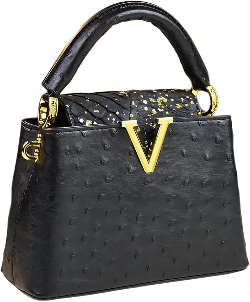 Ostrich Print Leather Small Crossbody Bag For Women Top-Handle Satchel Handbags V Letter Purses S... | Amazon (US)