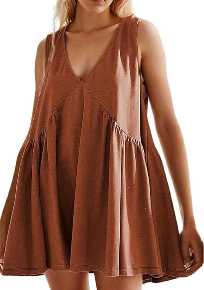 Womens Summer Sleeveless Mini Dress Casual Loose V Neck Sundress | Amazon (US)