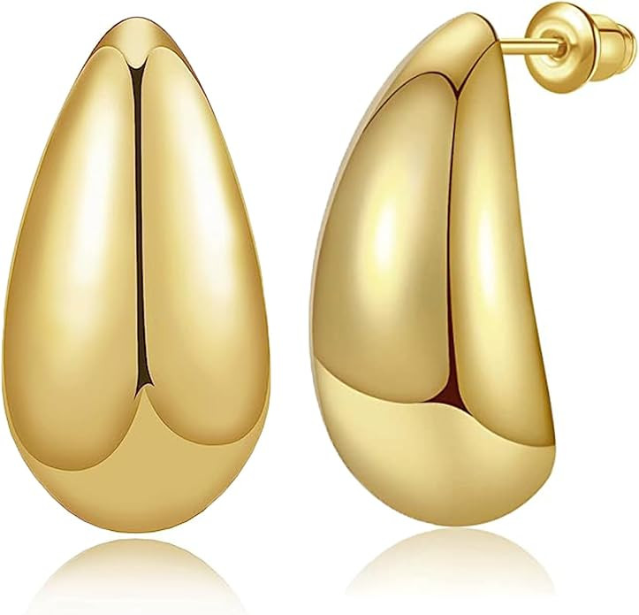 Chunky Gold Hoop Earrings for Women，Lightweight Hollow Open Hoops with 18K Real Gold Plated Tea... | Amazon (US)