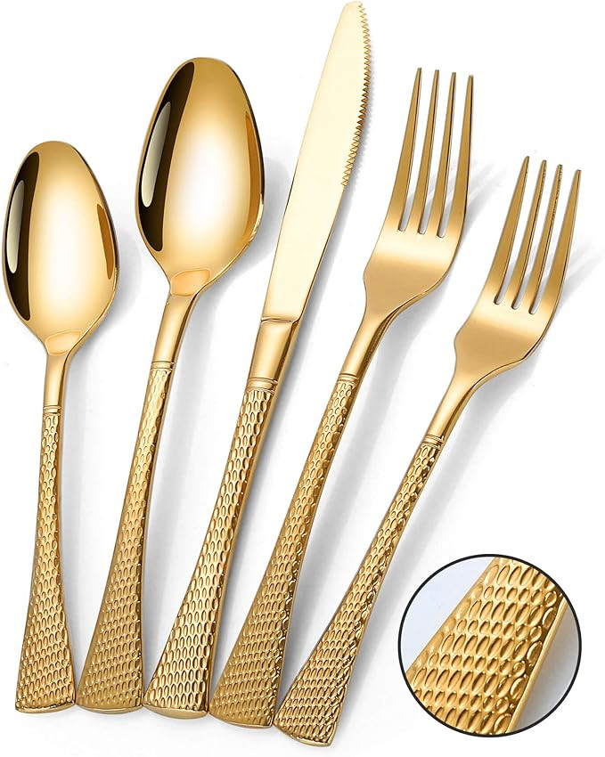 Hammered Gold Silverware Set for 4,Stainless Steel 20-Piece Modern Cutlery Set,Mirror Polished He... | Amazon (US)