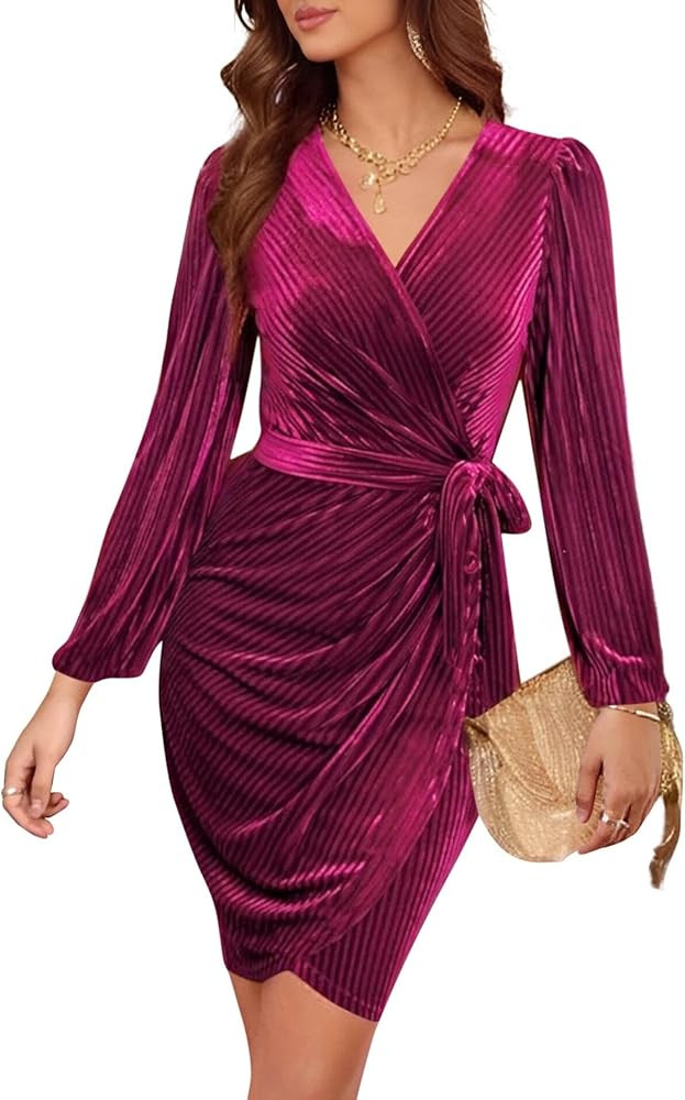 Women's 2024 Velvet Dress, Long Sleeve Winter Cocktail Dresses & Formal Velour Dress, Wedding Hol... | Amazon (US)