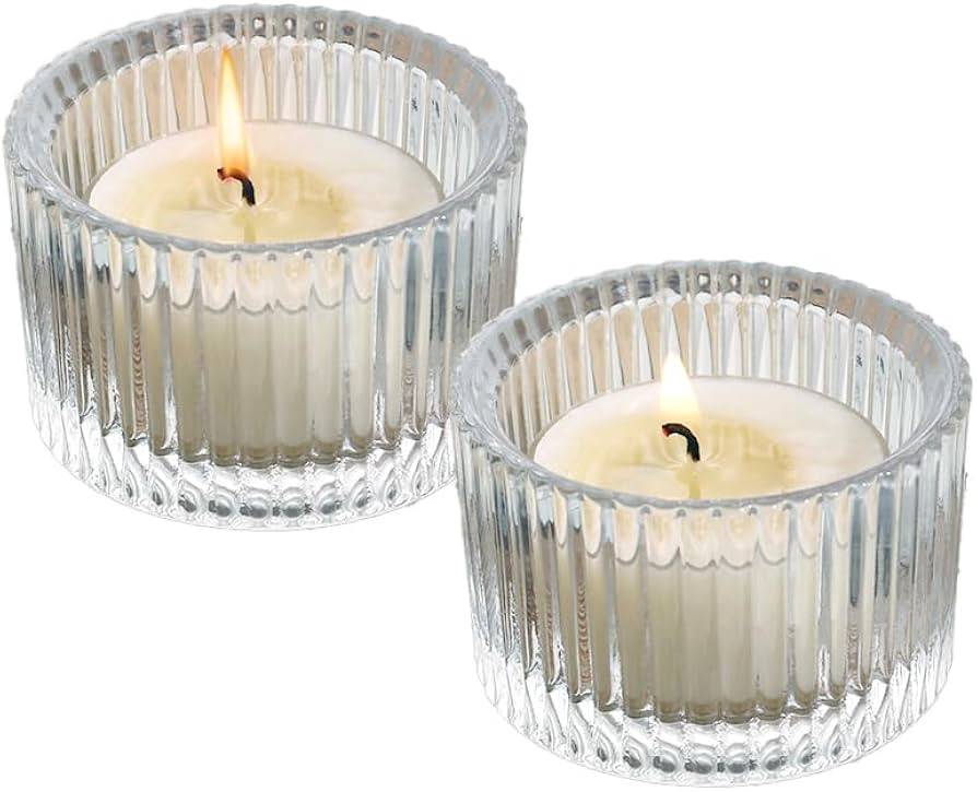 Clear Tealight Candle Holder Set of 2,Glass Votive Candle Holders, Decorative Round Ribbed Candle... | Amazon (US)