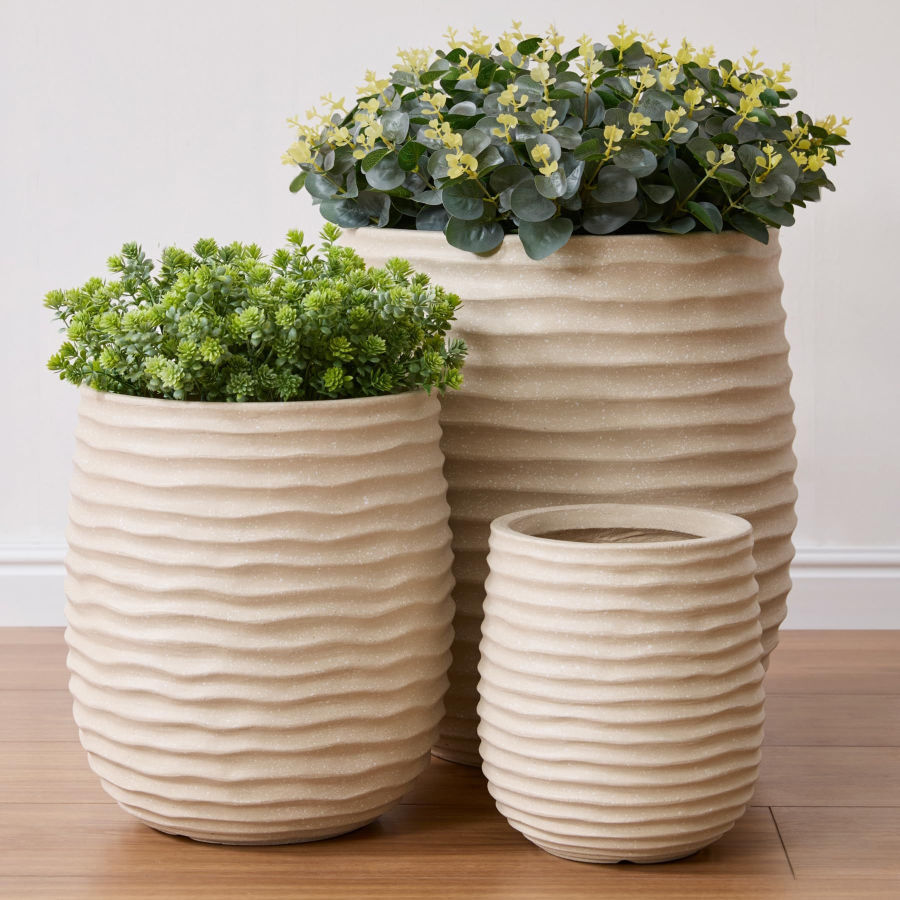 15”+11”+7.9” Dia Concrete Planter Set of 3, Flower Pot with Wavy Texture, Indoor Outdoor Large Planters with Drainage Holes and Sealing Plug, Plant Container for Garden, Patio, Home, Office, Beige | Amazon (US)