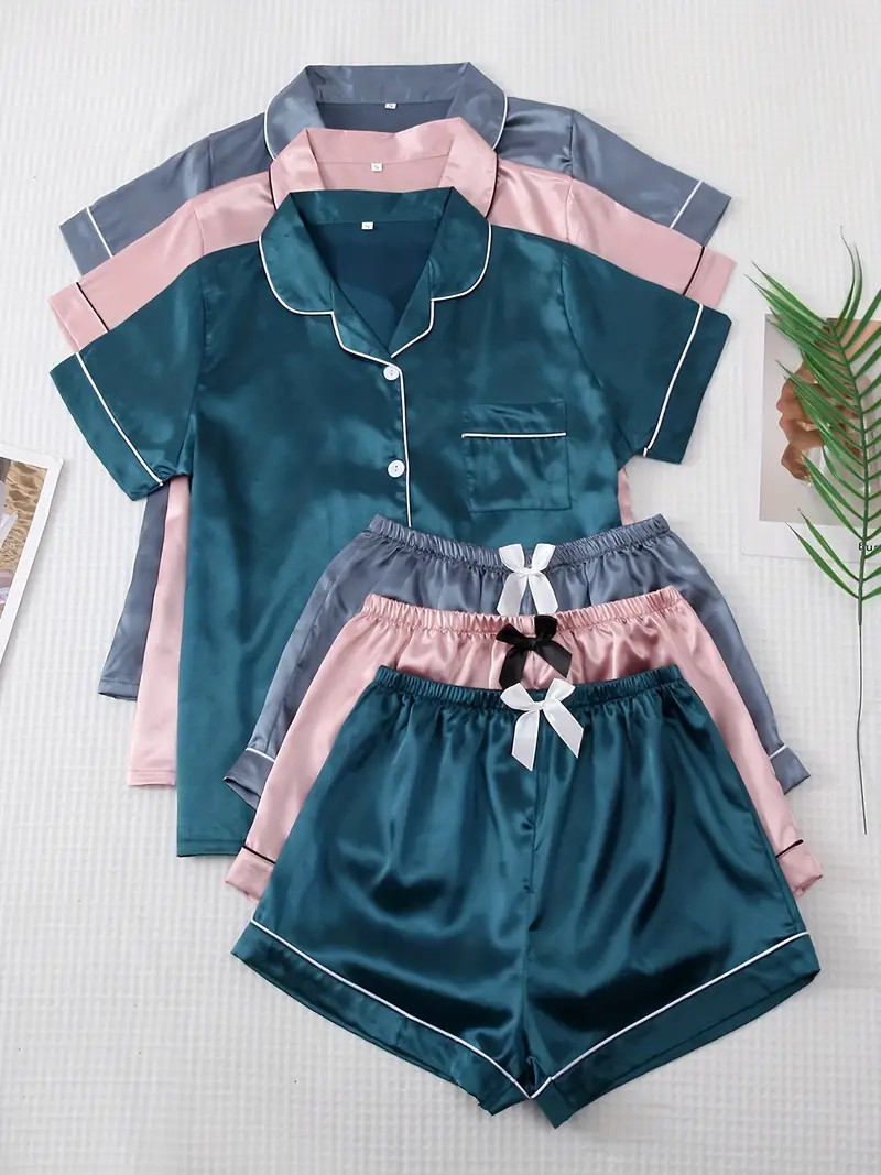 3 Sets Satin Pajama Set, Short Sleeve Lapel Top & Bow Shorts, Women's Sleepwear & Loungewear | Temu Affiliate Program