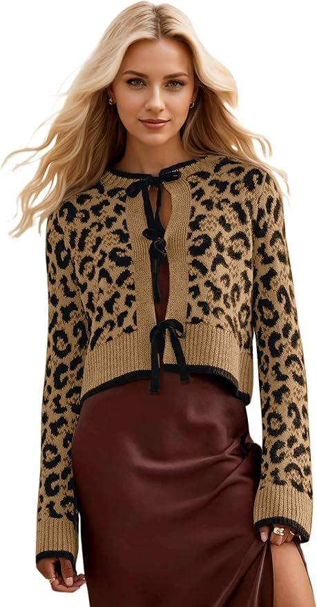 Womens Leopard Print Cardigan Sweater Bow Tie Front Cheetah Cardigans Long Sleeve Crewneck Tie Op... | Amazon (US)