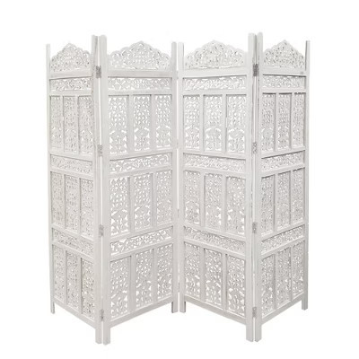 The Urban Port Aesthetically Carved 4 Panel Wooden Partition Screen/Room Divider Distressed White | Target