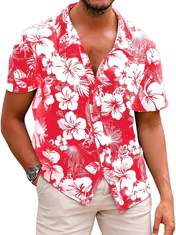 Men's Novelty Hawaiian Floral Shirt Summer Casual Button Down Tropical Holiday Beach Shirts | Amazon (US)