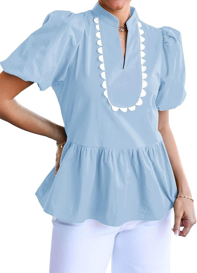 Cicy Bell Womens Puff Sleeve Peplum Blouses Ruffle V Neck Summer Casual Tops Babydoll Loose Fit S... | Amazon (US)