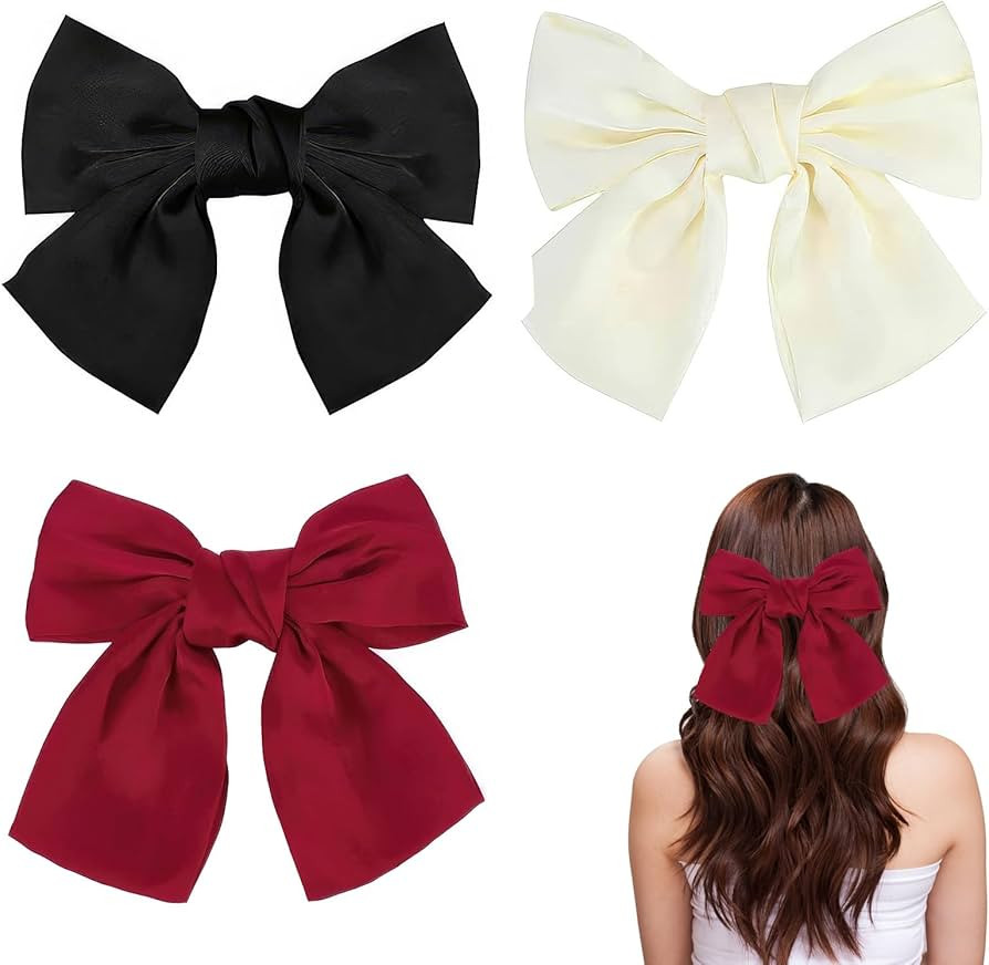 3pcs Hair Bows Set, Large Velvet Bow Hair Clips,Satin, And Ribbon Hair Accessories,Solid Color Bi... | Amazon (UK)