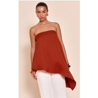 Burnt Orange Woven Bandeau Asymmetric Hem Floaty Long Top | PrettyLittleThing US