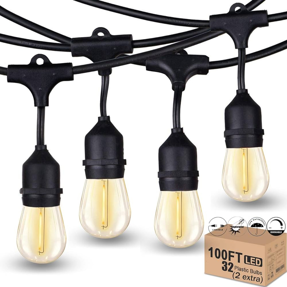 Outdoor String Lights LED 100FT Heavy-Duty Patio Lights String with 32 Dimmable Shatterproof Plas... | Amazon (US)