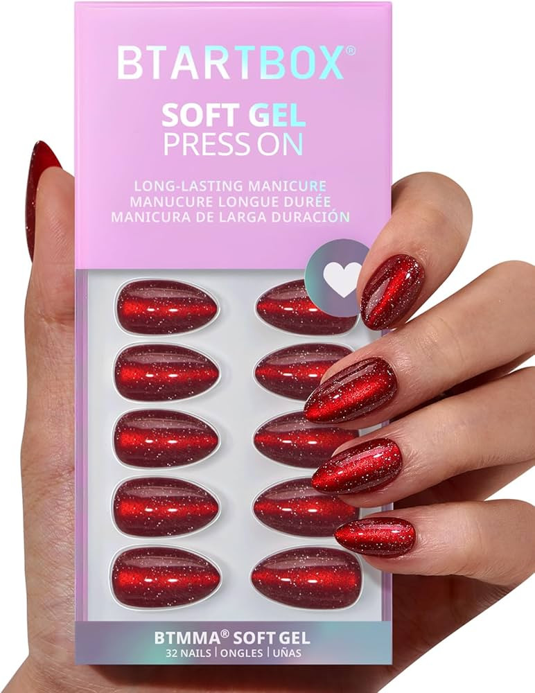 BTArtbox Press On Nails Short - New Red, Sparkle Deep Red Almond Christmas Press On Nails with Gl... | Amazon (US)