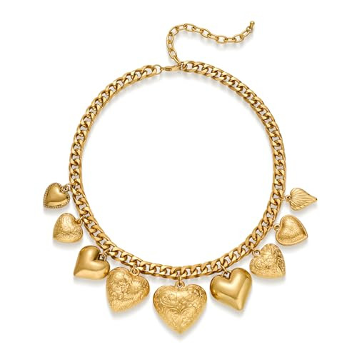ENSKEFEN Vintage Gold Heart Charm Necklaces for Women Chunky Cuban Chain Necklace with Nine Textured Heart Pendants Retro Puffy Love Necklace Statement Jewelry | Amazon (US)