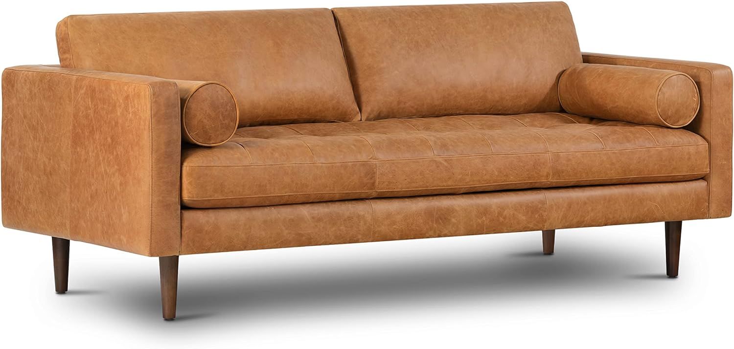 POLY & BARK Cognac Tan Brown Leather Couch - 88.5" Mid Century Leather Sofa with 2 Bolsters - Ful... | Amazon (US)