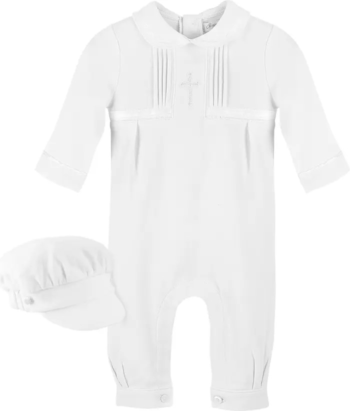 Cross Embroidered Christening Romper & Newsboy Cap Set | Nordstrom