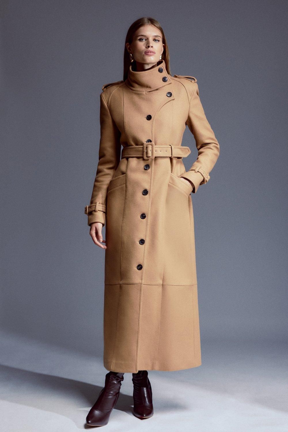 Tailored Wool Blend High Neck Belted Maxi Coat | Karen Millen UK + IE + DE + NL
