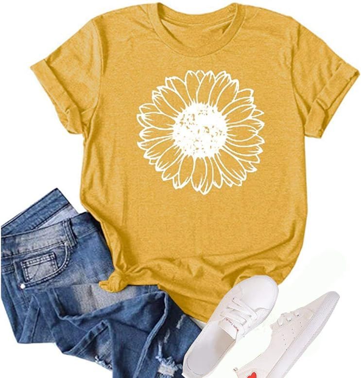 Women's Sunflower Summer T Shirt Plus Size Loose Blouse Tops Girl Short Sleeve Graphic Casual Tee... | Amazon (US)