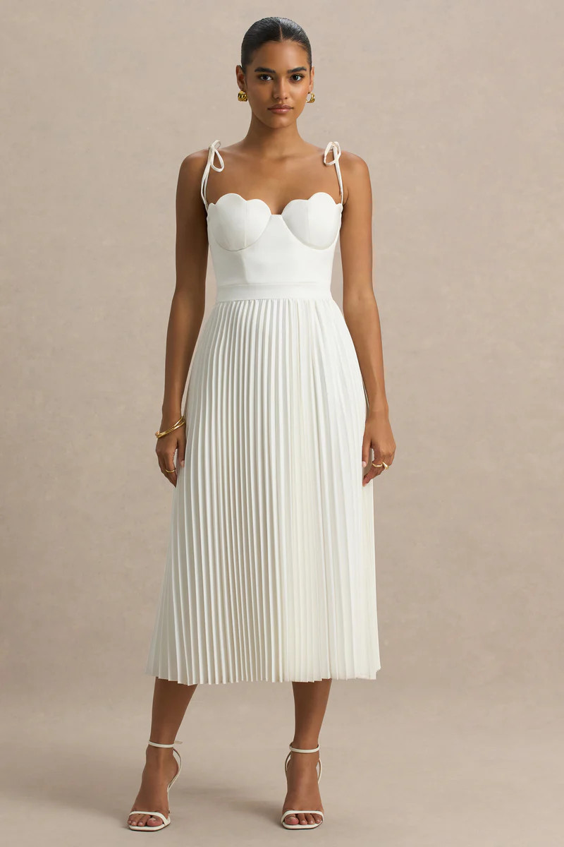 Agua  Cream Satin Sweetheart Midi Dress With Pleated Skirt | Club L London
