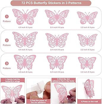 Crosize 72Pcs Pink 3D Butterfly Wall Decor 3 Sizes Butterfly Decorations Butterfly Party Cake Dec... | Amazon (US)