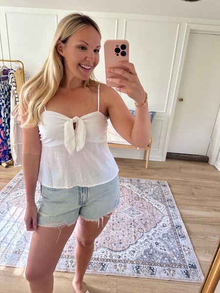 Cute and casual, I’m wearing a size 12 in the shorts! Would also be a cute date night look too! 😍 summer outfit, Memorial Day outfit 

#LTKStyleTip #LTKMidsize #LTKSeasonal