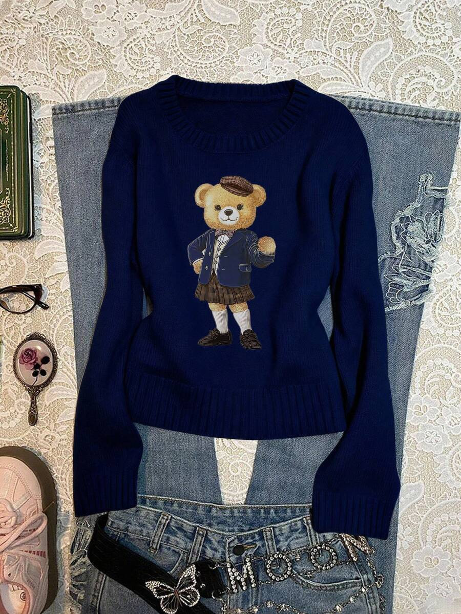 SHEIN EZwear Navy Blue Collegiate Bear Sweater For Women, Super Flattering Navy Color, Suitable F... | SHEIN