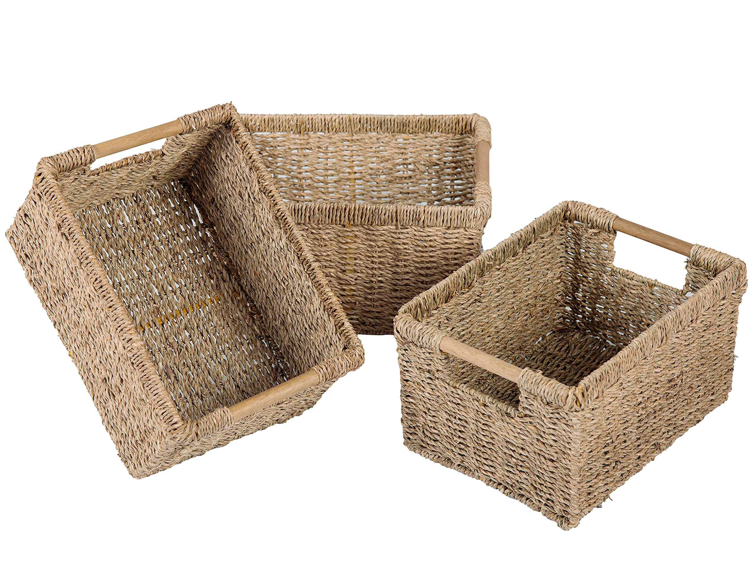 Natural Seagrass Basket with Wooden Handle, Medium Rectuangular Wicker Basket for Living Room 12.... | Amazon (US)