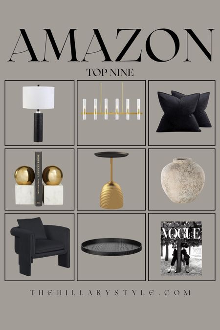 AMAZON Top Nine Modern Home: gold chandelier, black marble lamp, black velvet throw pillows, marble book ends, black, gold side table, ceramic vase, black accent chair, wood tray, Vogue coffee table book.

#LTKhome #LTKSeasonal #LTKstyletip