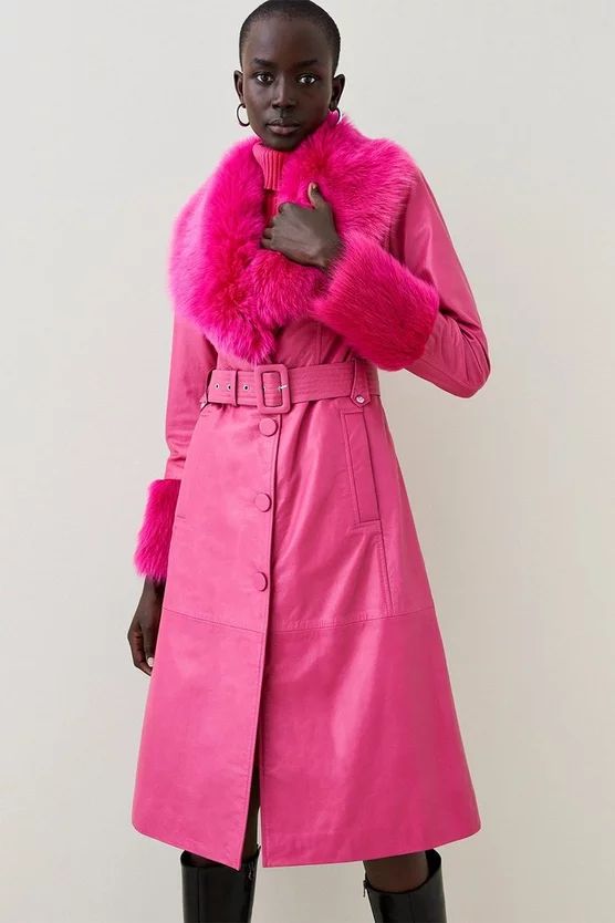 Shearling Cuff & Collar Leather Coat | Karen Millen US