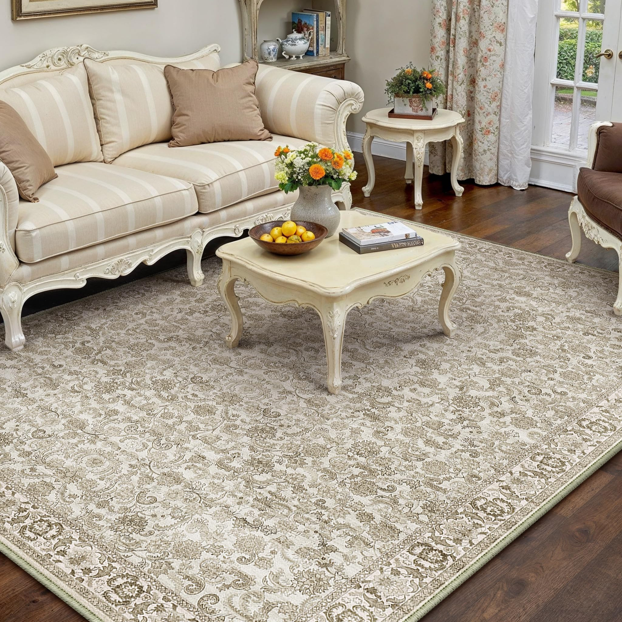 Brown Area Rug 5x7 Machine Washable Living Room Rugs Distressed Neutral Vintage Floral Low Pile C... | Amazon (US)
