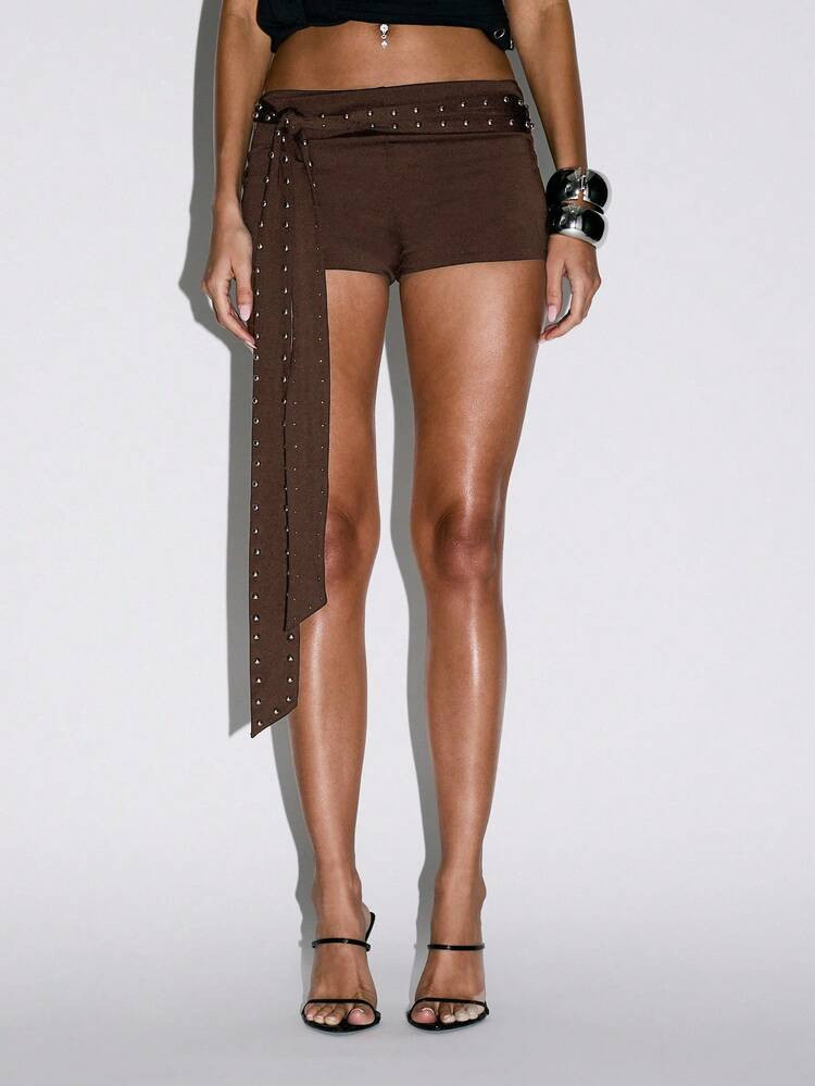 KIZN Studded Belt High Waist Festival Shorts With Side Sash Occasion Party Clubwear Evening Fashion Summer Spring Vacation | SHEIN