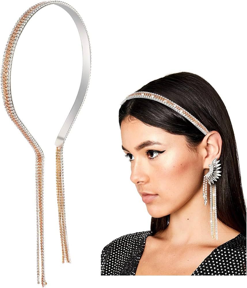 CENAPOG Crystal Tassel Headband for Women Sparkly Rhinestone Fake Earrings Hair Chain Hairhoop We... | Amazon (US)