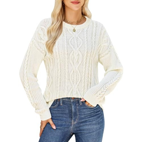 QIANSIQIANBO Women's Cable Knit Sweaters Oversized Crewneck Long Sleeve Chunky Pullover Top Loose Casual Winter Sweaters (S) Beige White | Amazon (US)
