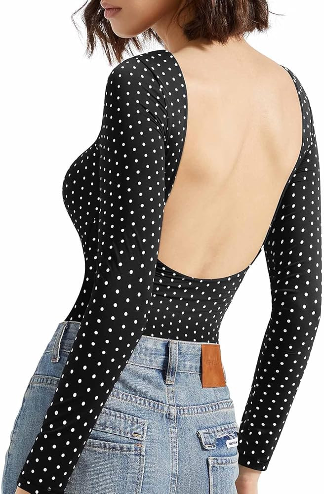 SUUKSESS Women Backless Y2k Long Sleeve Bodysuit Double Lined Open Back Sexy Basic Top | Amazon (US)