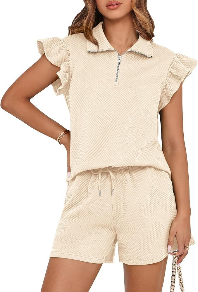 BTFBM Womens 2 Piece Outfits Spring Sweatsuit Zipper V Neck Casual Ruffle Cap Sleeve Tops Drawstr... | Amazon (US)