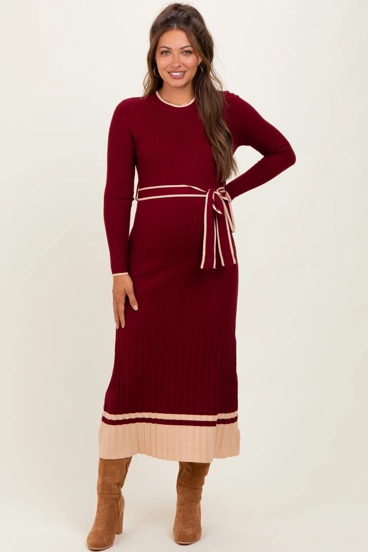 Burgundy Elegant Ribbed Midi Sweater Dress With Belt | PinkBlush Maternity