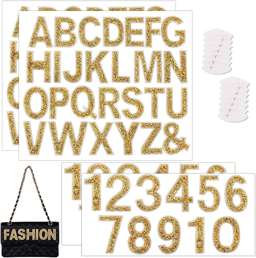 76 PCS Rhinestone Letter Stickers, 2.4 Inch Gold Glitter Alphabet Sticker with Sewing Kits, Self ... | Amazon (US)